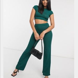 FEMME LUXE Green Ribbed Knit Short Sleeve Crop Top & High Waist Flare Pant Set